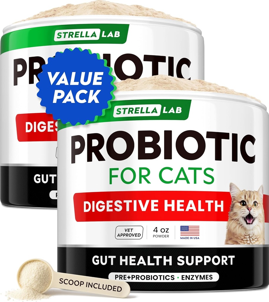 StrellaLab kat Probiotisk pulver - Probiotika til katte med Diarré - Let at blande pulver - Kat Probiotika til indendørs katte, Health Supplies Food Supplement, fordøjelsesstøtte (8 oz / pakke af 2)