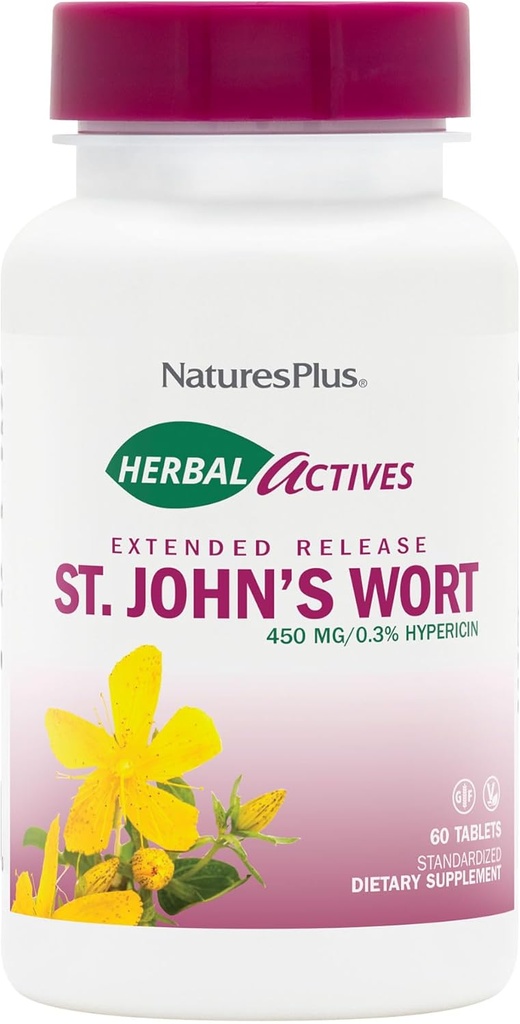 NaturesPlus Herbal Actives St. John 's Wort Extended Release - 60 tabletter, pakke af 2 - Understøtter en sund mad & positiv Outlook - Vegetar, Gluten Free - 120 Total Serveringer
