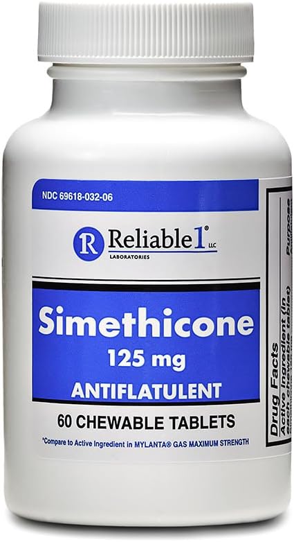 Pålidelig 1 Simeticon 125 mg Anti- Gas 60 Pebermyntetabletter (1 flaske)