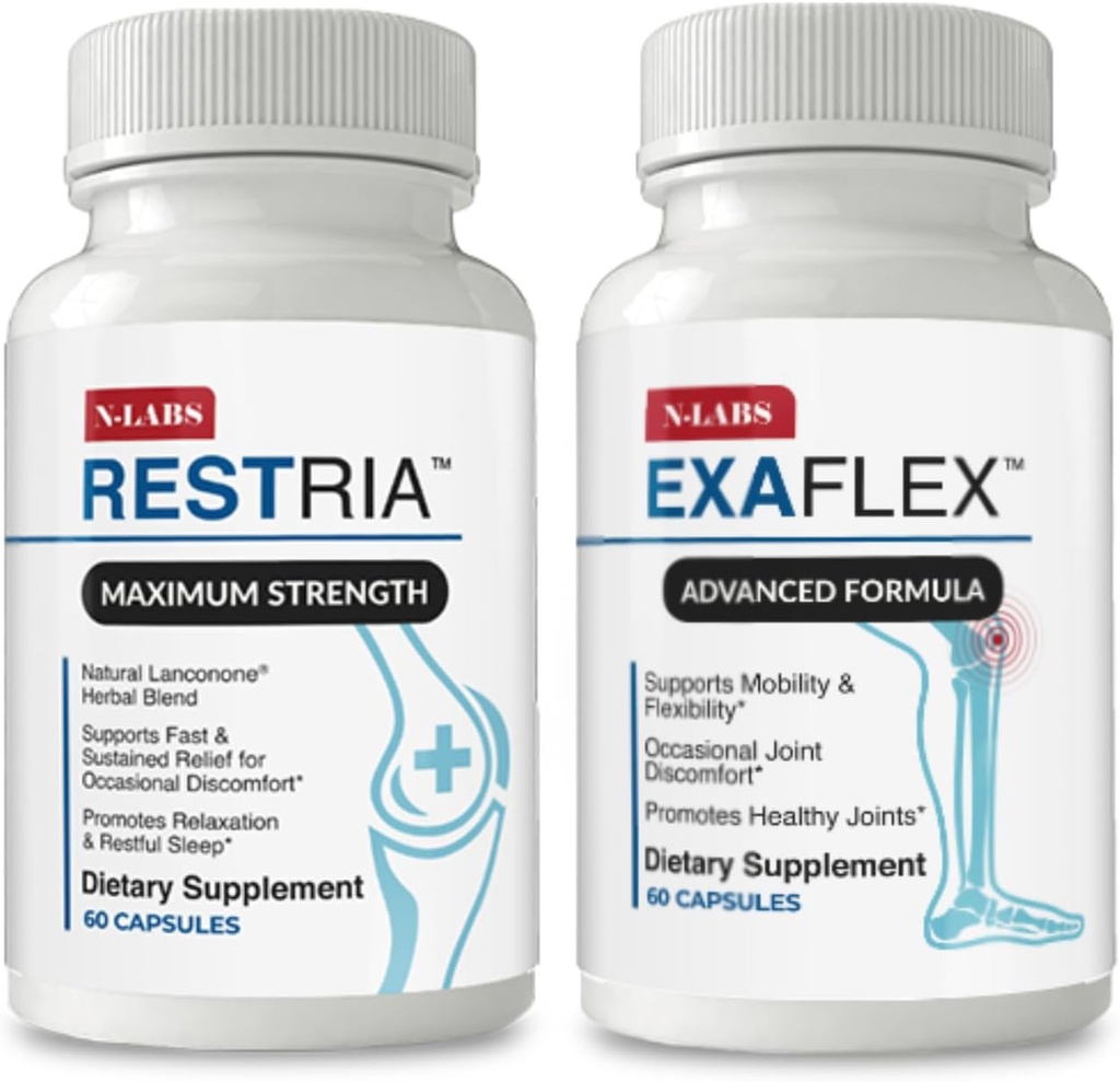 N-Labs Joint Support & Sleep Aid Combo - ExaFlex med Boswellia Extract og Bromelain til Joint Support + Restria med Lanconone Herbal Blend og Sleep Formel for Nighttime Afslapning
