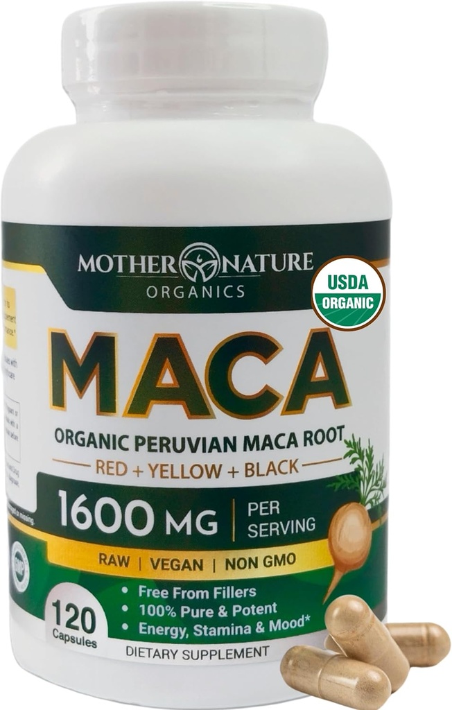 Moder Nature Organic Maca Root Kapsler - 1600mg, 120 Veganske Kapsler - Ikke GMO peruvian gul, rød & sort Maca til mænd og kvinder - Energi, Hormone, Brain & Vægt Well- At være