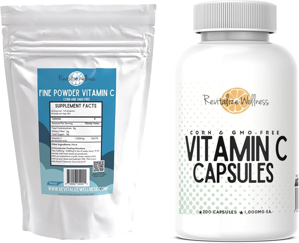 Bundle; fint pulver C-vitamin, 454 Servering, og C-vitamin kapsler, 200 kapsler