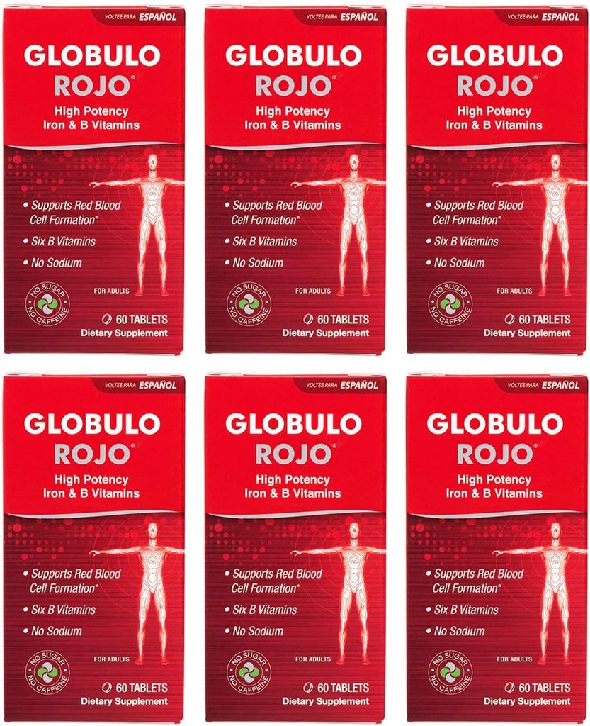 Globulo Rojo jerntilskud - Kosttilskud piller med høj potens Jern & B vitaminer, 60 tabletter - 6 pakke