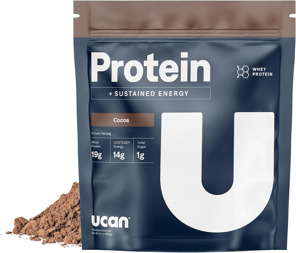 UCAN Energy + Whey Protein Powder - 19g Per Servering med Aminosyrer EAA & BCCA - Keto Protein Powder - Ingen tilsat sukker, Gluten- Free - Kakao - 12 Servere