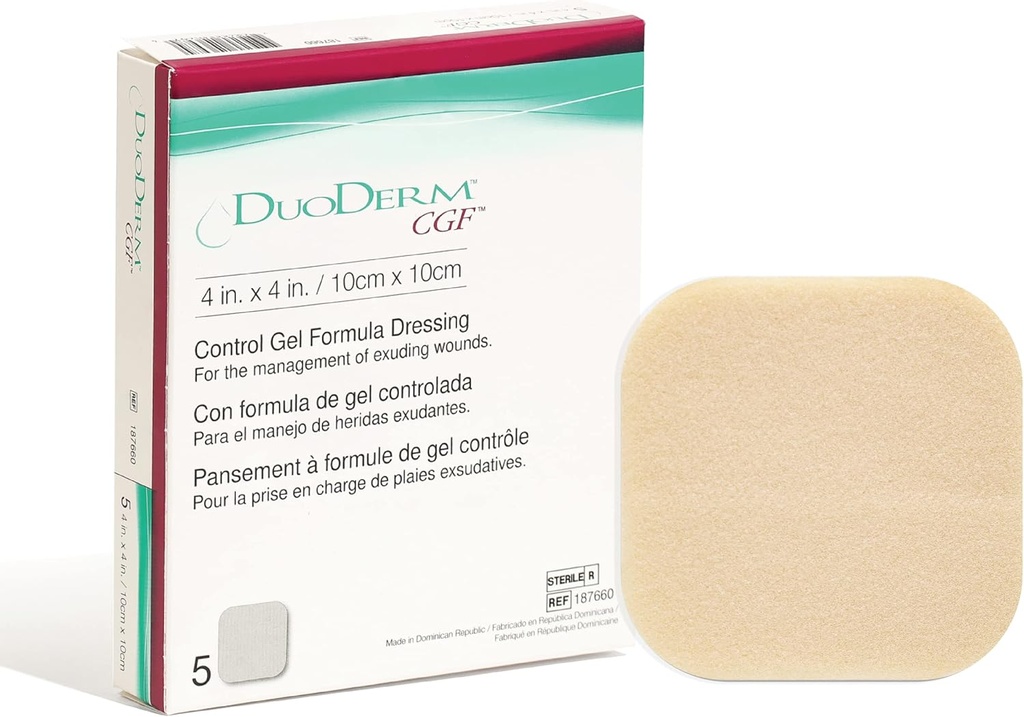 Convatec DuoDERM Control Gel Formel 4 "x4" Hydrocolloid Steril Adhesive Dressing til delvis og Full- Tykkelse Sår, Medical Grade, Latex- Free, Vandtæt, Square, Beige, 5kt Box