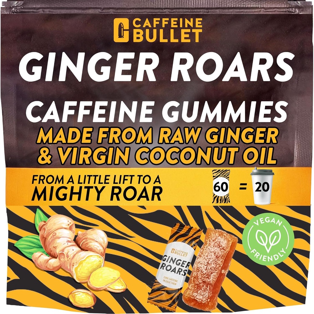Ginger Roars - 60 Energy Gummies - Vegansk koffein tygger hver 33mg, Lavet med en smagfuld, Natural Fiery Kick til forbedret løb, cykling, Preworkout & Focus.
