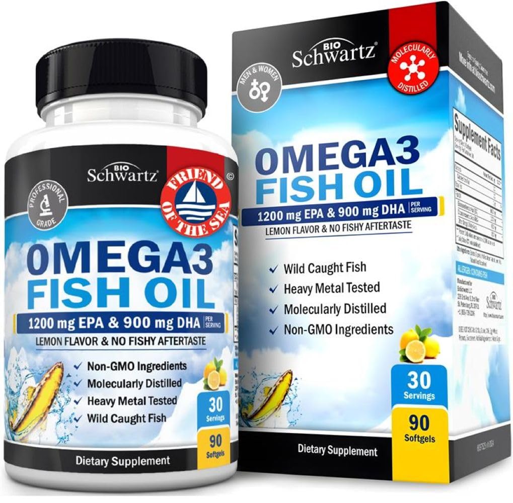 Triple Strength Omega 3 Fish Oil 3000mg - High Potency Omega 3 Supplement for kvinder og mænd, Burpless Lemon Flavor Fish Oil - 2250mg essentielle fedtsyrer med DHA & EPA, Wild Caught, 90 Softgels