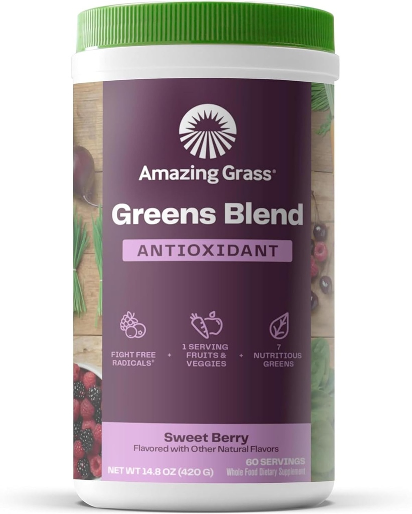 Amazing Grass Green Superfood Antioxidant: Grønne pulver med Organic Spirulina, Beet Root Powder, Elderberry & Probiotika, Sweet Berry, 60 Servering (Packaging May Vary)