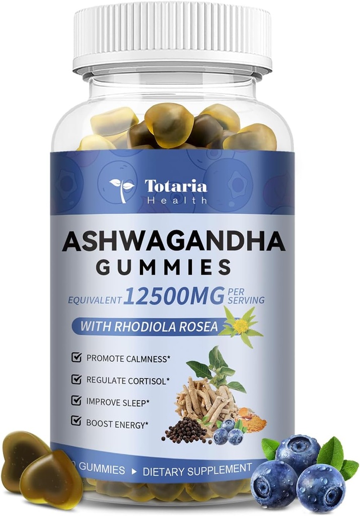 Totaria Sugar Free Ashwagandha Fyldt Gummies w / vitamin D3, Magnesium Glycinate, Rhodiola, Ultra Strength Ashwa Root Kosttilskud til kvinder & Wen, for Afslapning, Energi, Cortisol Gummies