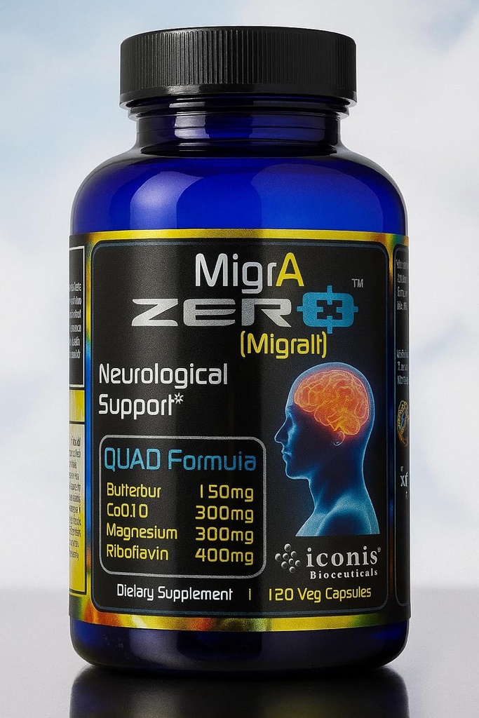 Migræne Relief, Quad- Formel med PA- Free Butterbur (150mg), CoQ10 (300mg), Magnesium Glycinat (300mg), High- Dosis Riboflavin (400mg) - MigrA Zero (120 Caps) Optimal dosering til migræne Lidelser