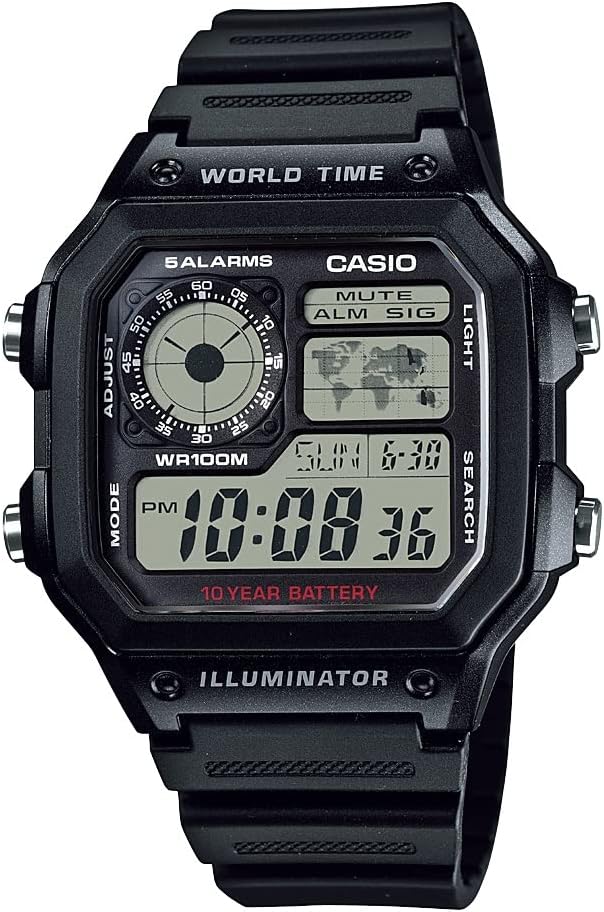 Casio AE1200WH Serie Note 124; Mænds Digital ur Note 124; 100M WR Note 124; Multi Alarmer Note 124; 100 SEC Stopur Note 124; Nedtællingsuret Note 124; World Map for World Time