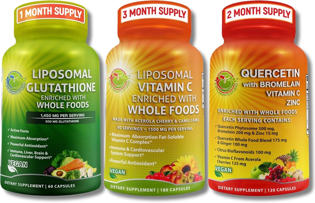 SUPPLEMENTER STUDIO Høj Absorption Antioxidant & immunsupport Bundle - Liposomal Vitamin C 1500mg + Glutathione 500mg + Quercetin med Bromelain, Zink & hel fødevareblend - Vegan, Non- GMO kapsler
