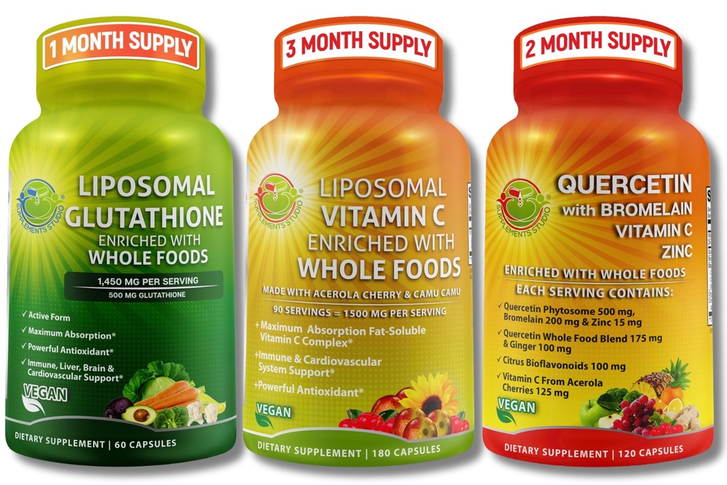 SUPPLEMENTER STUDIO Høj Absorption Antioxidant & immunsupport Bundle - Liposomal Vitamin C 1500mg + Glutathione 500mg + Quercetin med Bromelain, Zink & hel fødevareblend - Vegan, Non- GMO kapsler