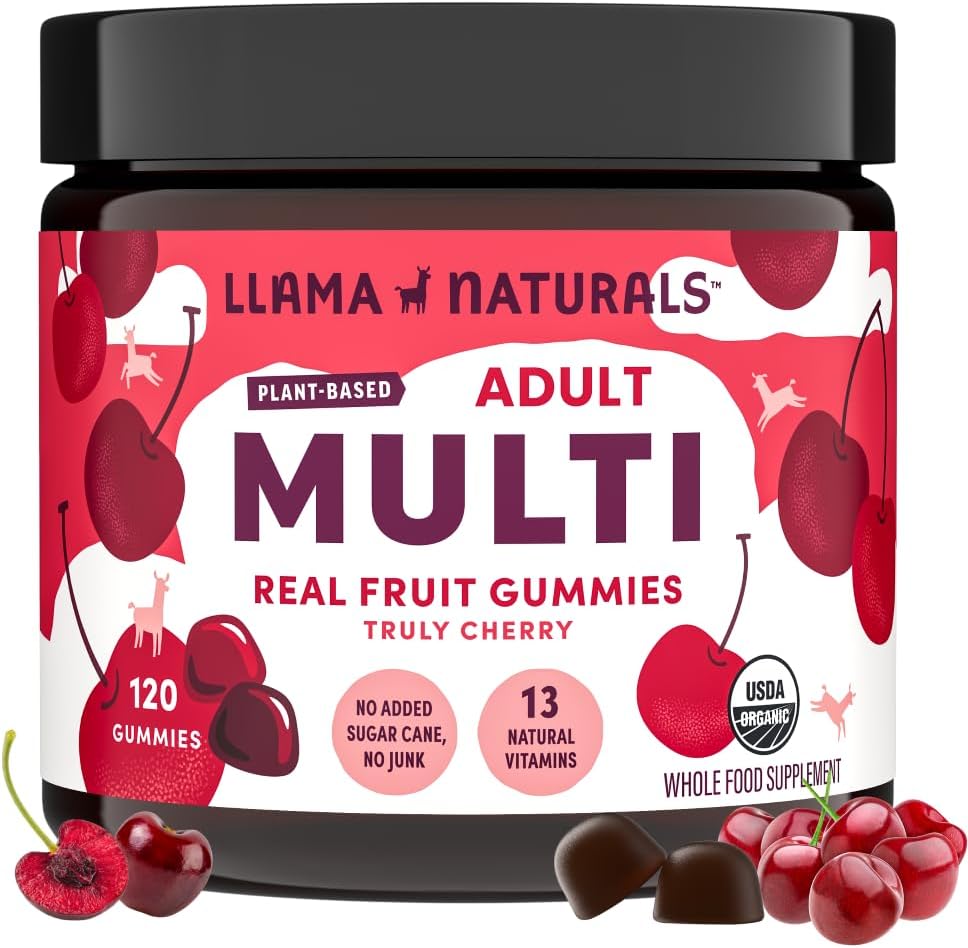 Llama Naturals Multivitamin for kvinder og mænd, Vegansk, Økologisk Gummier med D-vitamin, C og K, Voksne Real Fruit Gummy Vitaminer, Chewable Multivitamin Supplement, Ingen Tilføjet sukkerrør, Cherry, 120 Ct