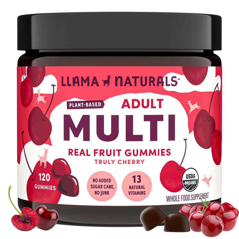 Llama Naturals Multivitamin for kvinder og mænd, Vegansk, Økologisk Gummier med D-vitamin, C og K, Voksne Real Fruit Gummy Vitaminer, Chewable Multivitamin Supplement, Ingen Tilføjet sukkerrør, Cherry, 120 Ct