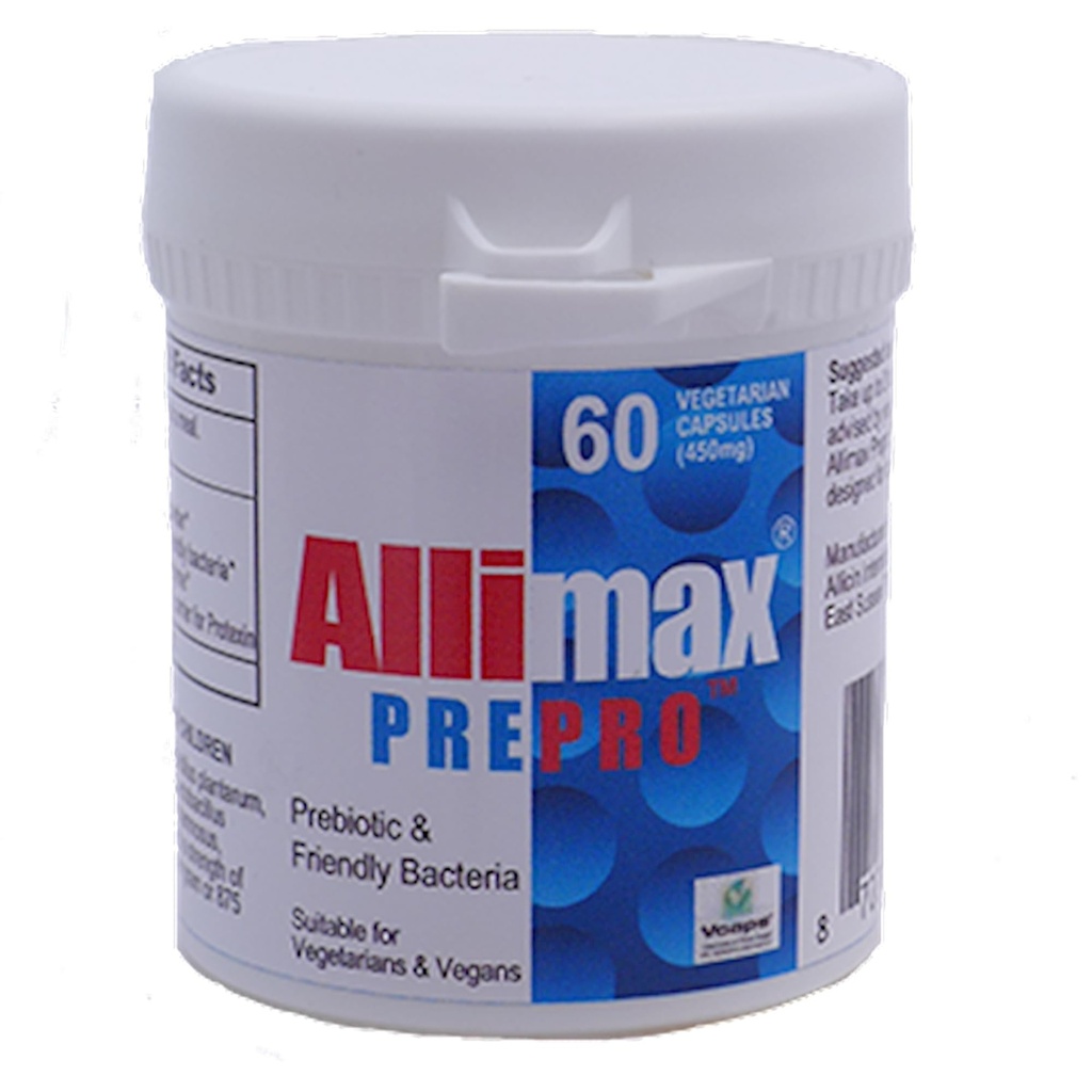 ALLIMAX Pre Pro - 60 Caps. Stabiliseret allicin Plus prebiotika, probiotika og fordøjelsesenzymer.