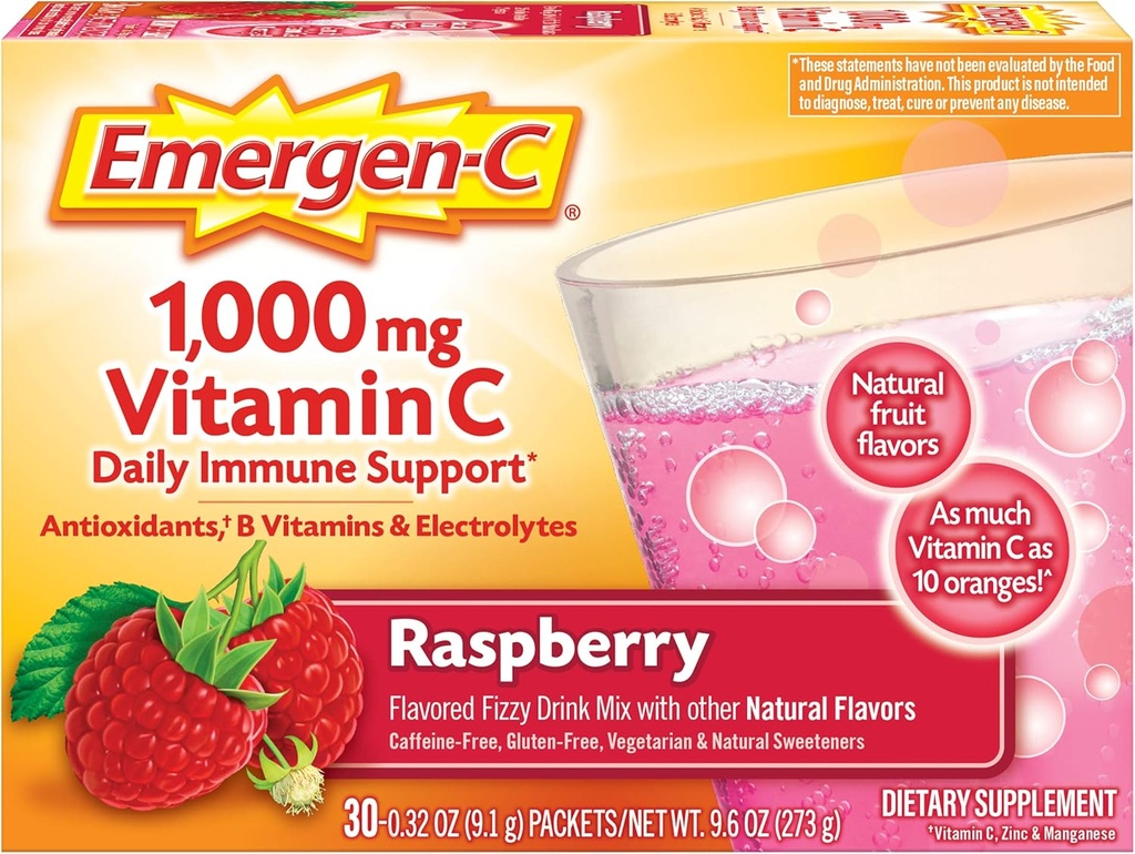 Emergen- C 1000mg C-vitamin pulver, med antioxidanter, B vitaminer og elektrolyter, Immunitet kosttilskud til immunforsvar, koffein gratis Fizzy drikke mix, Raspberry Flavor - 30 greve / 1 måned levering