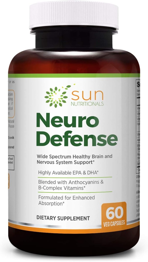 Neuro Defense med Omega-3 fedtsyrer EPA & DHA, Antocyaniner fra Bilberry Extract, B- Complex Vitaminer, Vitaminer C & D3, Phosphatidylcholin, 60 VCs, Non- GMO, Gluten Free