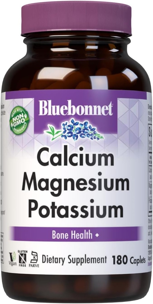 Bluebonnet Calcium Magnesium Kalium Supplement for kvinder & mænd - understøtter sunde knogler - Calcium 1000mg Mineral Supplement Chelate Form - Non-GMO, Vegan, Gluten- Free - 180 kapsler
