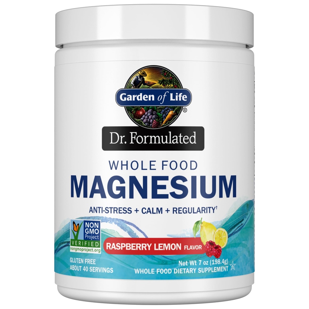 Garden of Life Dr. Formulated Whole Food Magnesium Powder with Probiotics – Stress & Sleep Support, Non-GMO, Gluten-Free, Vegan, Raspberry Lemon Flavor, 40 Servings