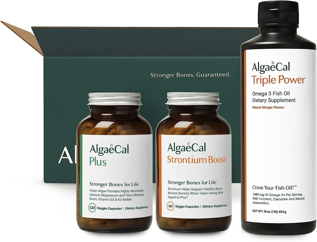 ALGAECAL Welcome Kit - Bone Builder Pack, Plant Based Calcium Supplement & Strontium, 16 næringsstoffer til Bone Health + EPA & DHA Omega 3 Fish Oil, Support Brain, Heart, Skin & Bones, Made in USA