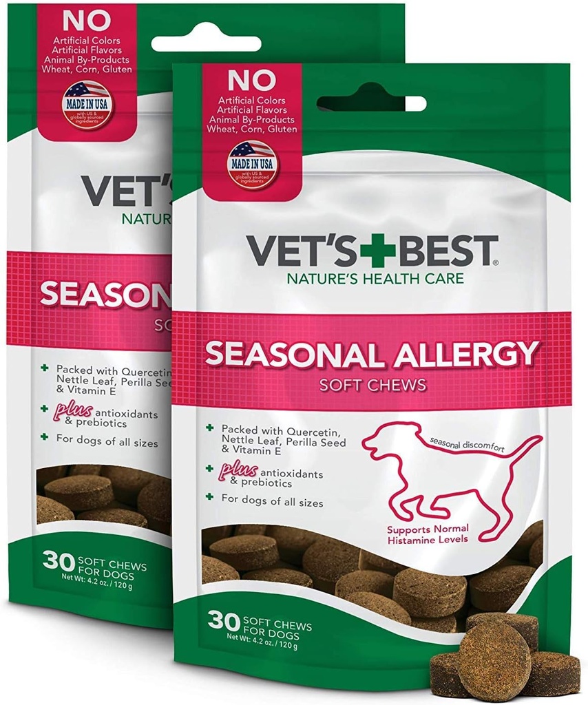 Vet 's Bedste Sæsonallergi Soft Chew Hundetillæg # 124; Lindrer hunde hud irritation På grund af Sæsonallergi # 124; Opretholde Histaminniveauer # 124; 50 tyggetabletter, 30 Greve (Pack of 2)