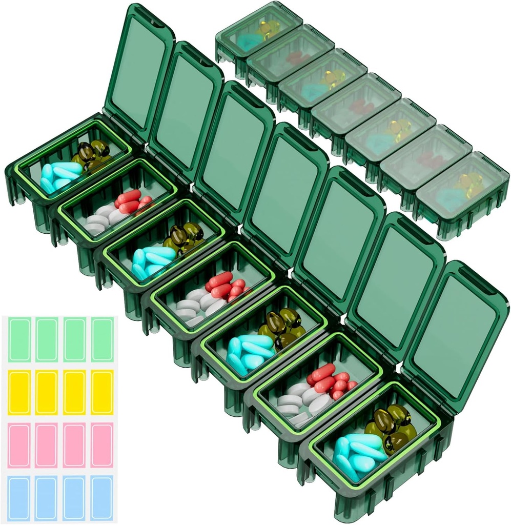 Restree Weekly Pill Organizer, 7 rum Bærbar Pill Box Én gang om dagen, Fugt-Bevis rejse Pill Case, Pill Storage Box for Vitamin, Medicin, Fish Oil / Kosttilskud (grøn)