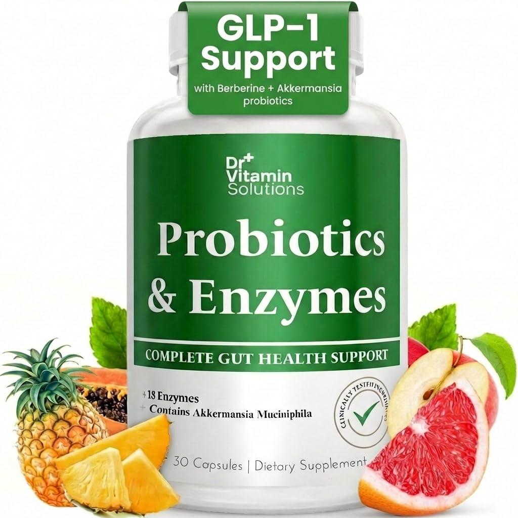 DR VITAMIN LØSNINGER GLP-1 Support Enzymes, Pre & Probiotika til fordøjelsessygdomme, Berberine Vægttab Support, Akkermansia Muciniphila til kvinder & mænd, Gut Health, Bloating Relief, 30 Ct