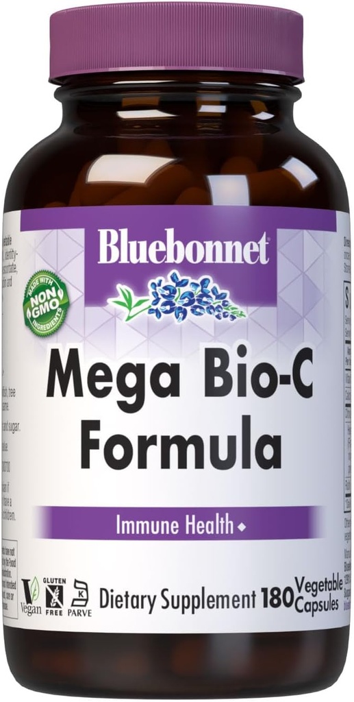 Bluebonnet Nutrition Mega Bio- C Formel Vegetabilske kapsler, Højpotens Buffered C Vitamin C, for immunforsvar, Soja Free, Gluten Free, Non- GMO, Kosher, Dairy Free, Vegan, 180 Greve