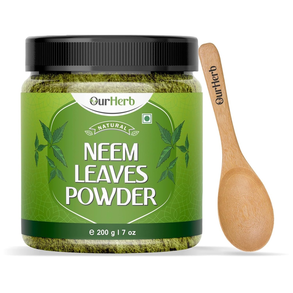 Pure Neem blade pulver naturlige løsning til pletfri klar hud & silkehår, Ideel til ansigt pakker, hårpleje, og pigmentering støtte med Wooden Spoon - 200g Budding- 124; 7.04 Oz