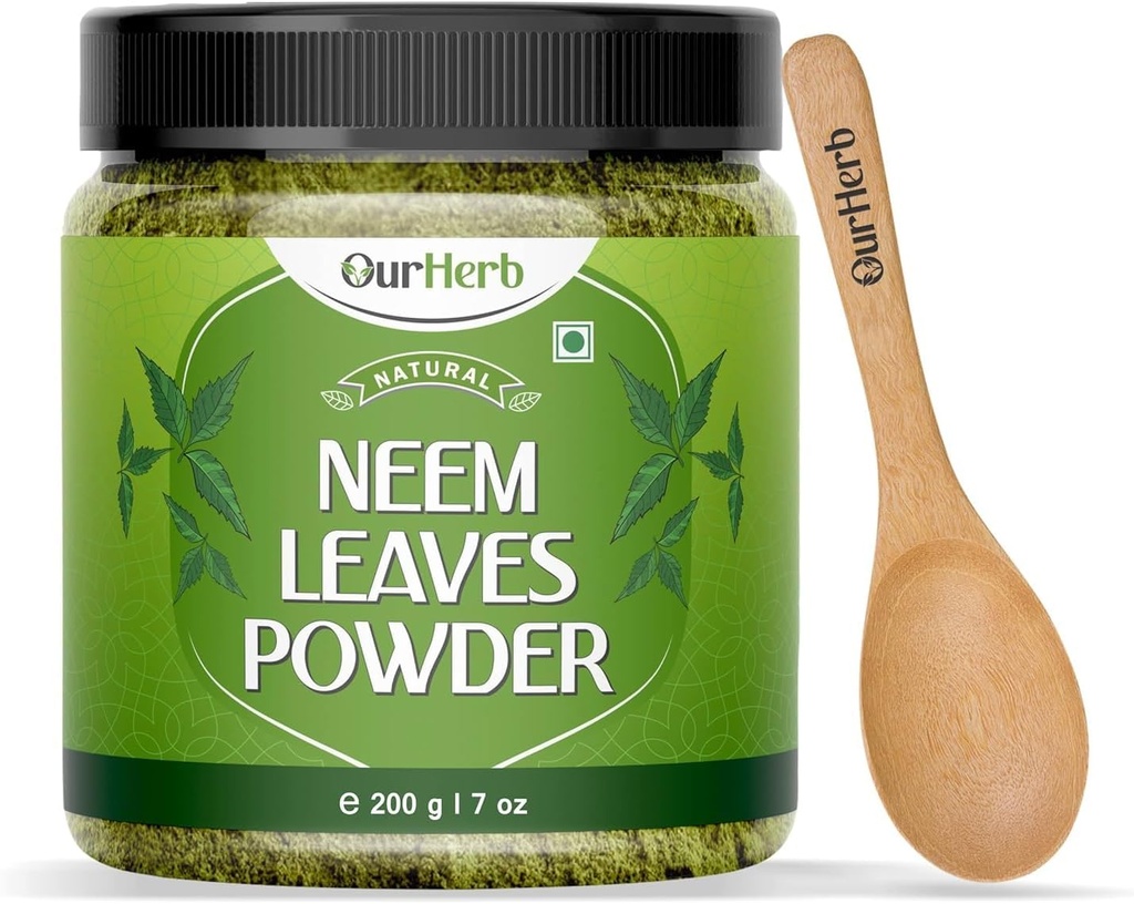 Pure Neem blade pulver naturlige løsning til pletfri klar hud & silkehår, Ideel til ansigt pakker, hårpleje, og pigmentering støtte med Wooden Spoon - 200g Budding- 124; 7.04 Oz