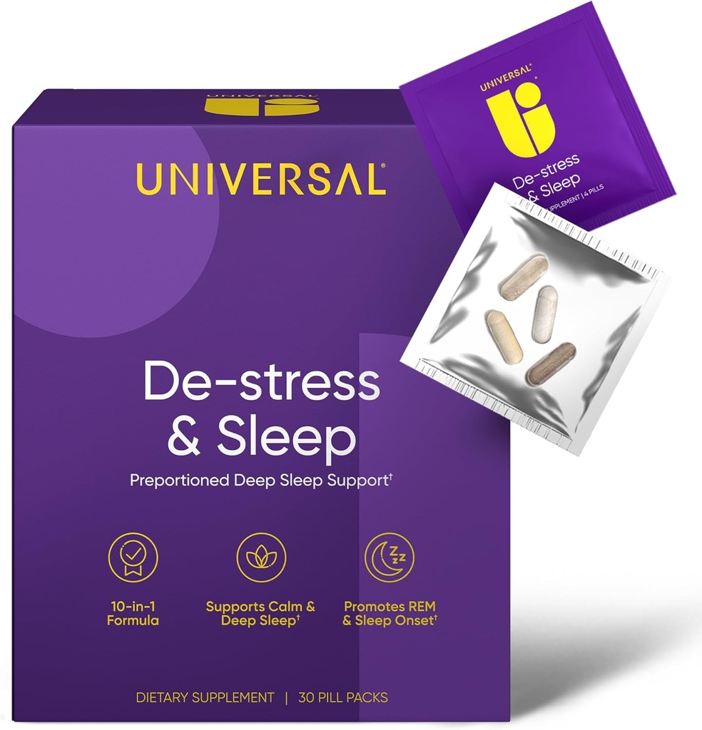De- Stress & Sleep Supplement - 10-in-1 Natural Sleep Aid til voksne, Daglig Multivitamin med Magnesium, Melatonin, Ashwagandha, L Theanine, Valerian Root, Sovepiller til mænd og kvinder, 30 Pack