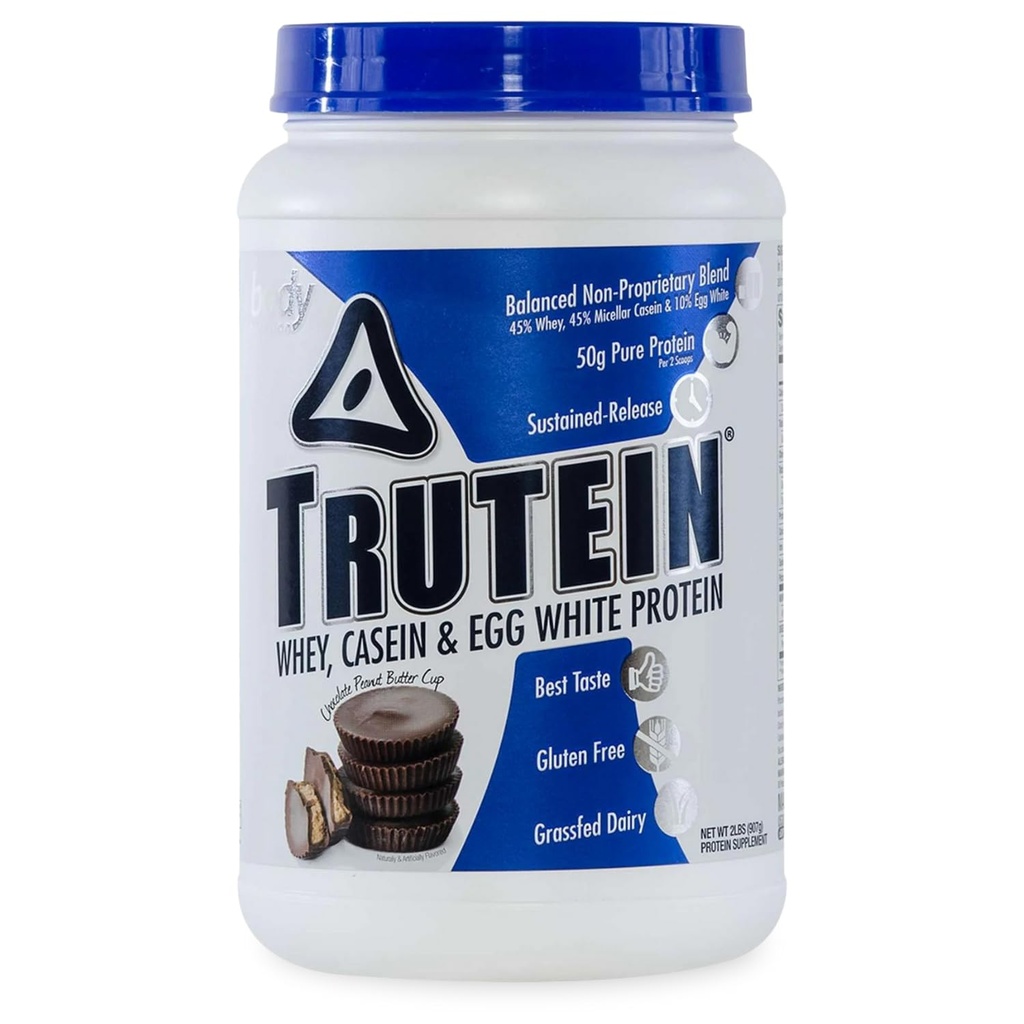 Krop Nutrition Trutein High Protein Powder: 45% Whey, 45% Casein, 10% Egg White, Gluten- Free, Lavnatrium, Græs Fed Whey Protein Powder, Gym Supplement & Breakfast Shake, Chokolade Peanut Butter, 2lb
