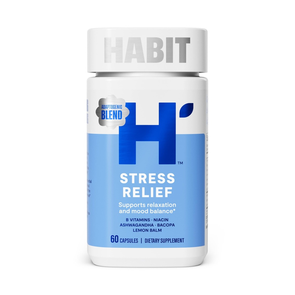Habit Stress Relief Supplement (60 kapsler) - Nyt udseende, Understøtter afslapning & Mood Balance, Vitamin B, Adaptogener, Lemon Balm, Calming, Vegan, Non- GMO (1 pakke)
