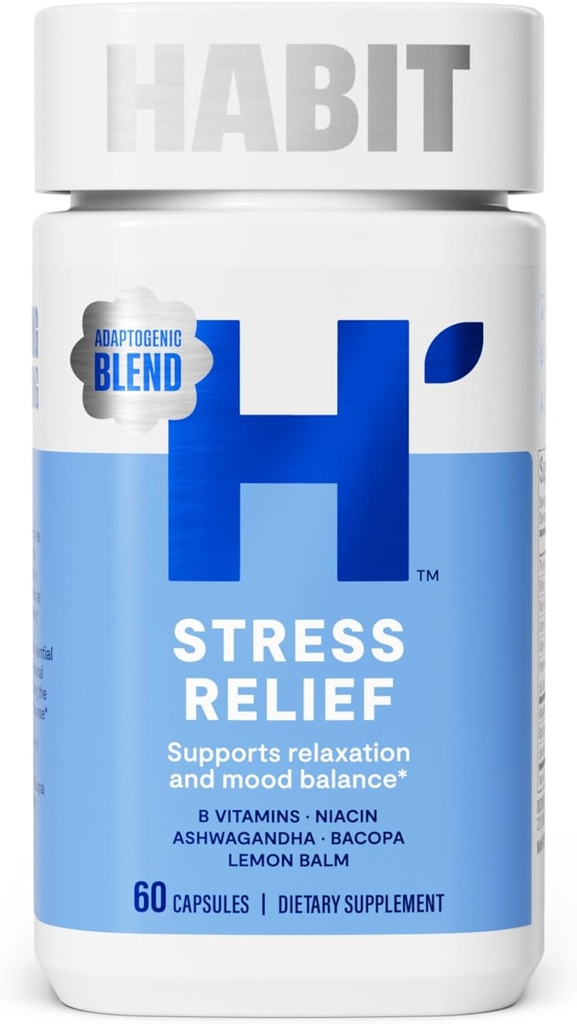 Habit Stress Relief Supplement (60 kapsler) - Nyt udseende, Understøtter afslapning & Mood Balance, Vitamin B, Adaptogener, Lemon Balm, Calming, Vegan, Non- GMO (1 pakke)
