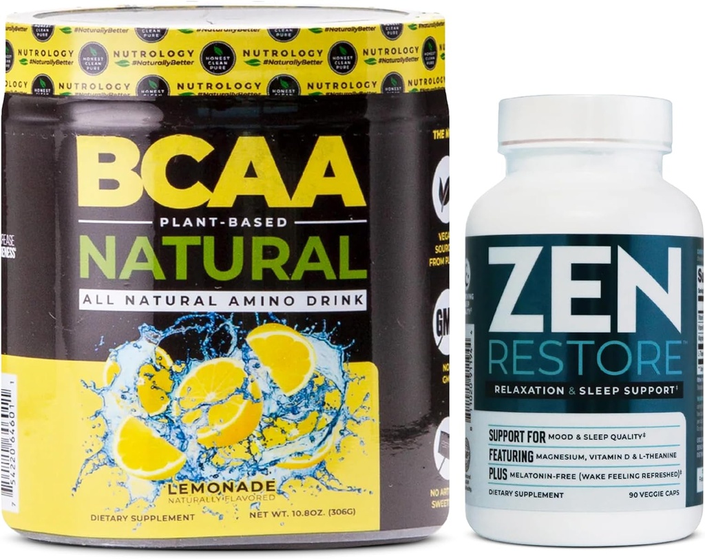 Nutrologi Zen Natural Magnesium Supplement (30 Servere) & Nutrologi BCAA Natural, Plant Based BCAA Powder, Lemonade Flavor (30 Servere)