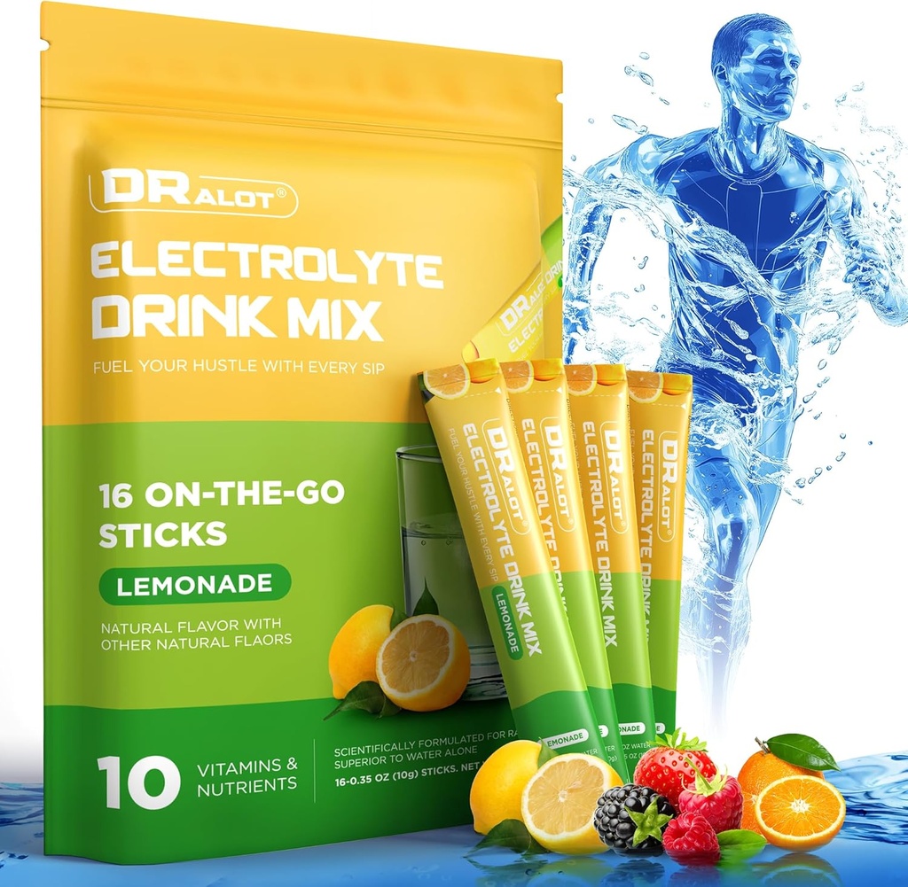 Sugar Free Electrolytes Powder with Natural Flavors, 3X Rapid Hydration Packets med 10 Electrolyte & Vitaminer, Flydende Daily IV, Non- GMO, Gluten- Free, Keto, Vegan, 16 sticks, Lemon