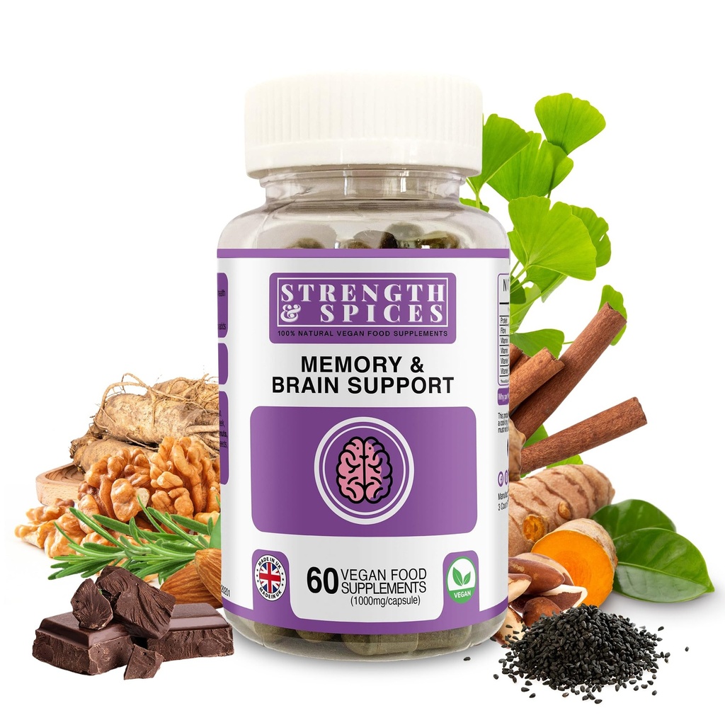 Styrke & spices hukommelse booster og fokus supplement med Ginkgo Biloba og 22 Super Ingredienser, Plant- baserede hjerne supplement til hukommelse, Klarhed, og alerness, 1000mg, 60 kapsler