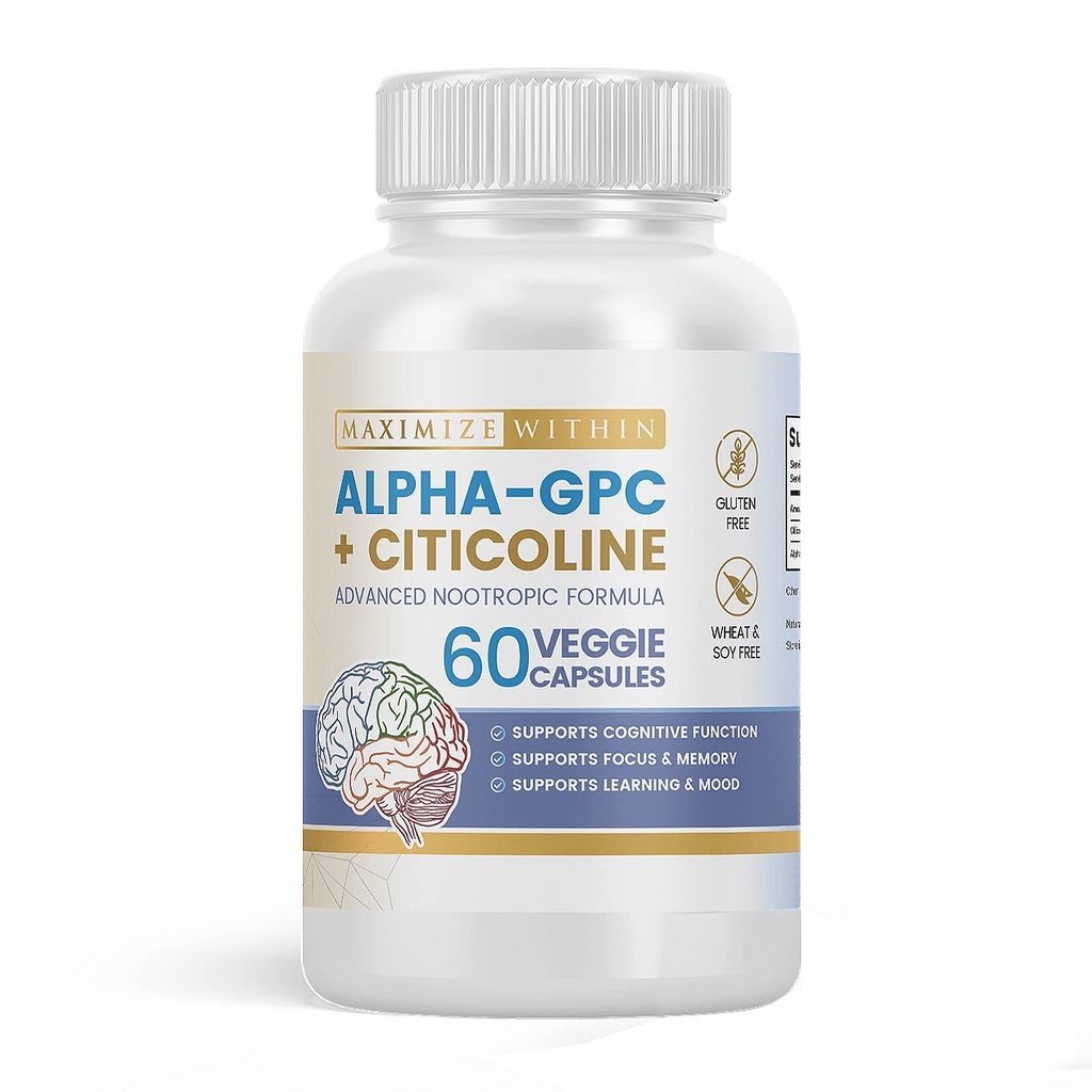 Alpha GPC + Citicolin 60 Ct, 1600mg koncentreret formula- 99% + Højt renset & biotilgængelig Nootropic- Kognitiv Enhancer, understøtter hukommelse, hjerne funktion, øger fokus, mad & energi