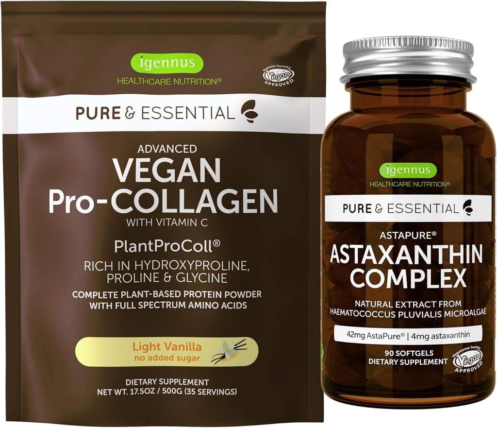 Vegan Vanilla Collagen Protein Powder + Astaxanthin Complex Vegan Bundle, Collagen Boosting Formel + Natural 4mg H. Pluvialis Astaxanthin til hår, hud og negle, af Igennus