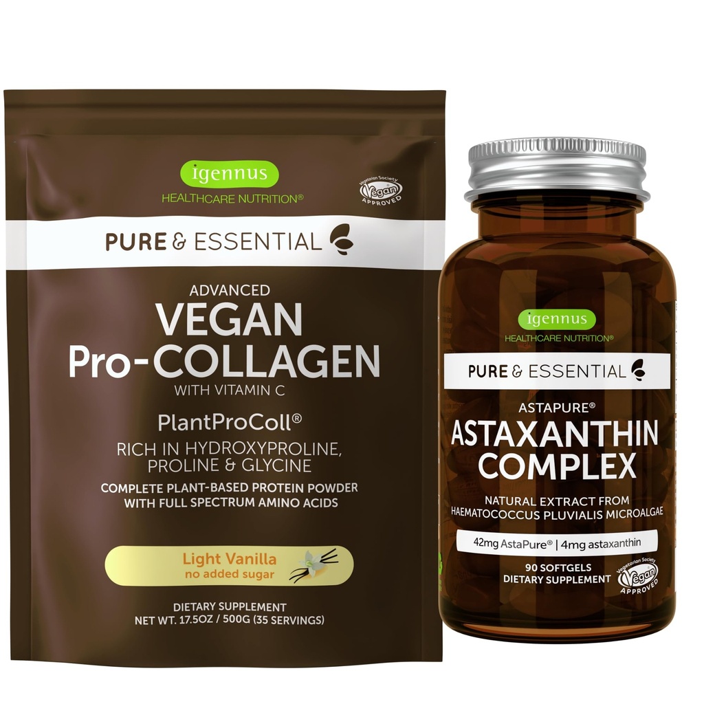Vegan Vanilla Collagen Protein Powder + Astaxanthin Complex Vegan Bundle, Collagen Boosting Formel + Natural 4mg H. Pluvialis Astaxanthin til hår, hud og negle, af Igennus