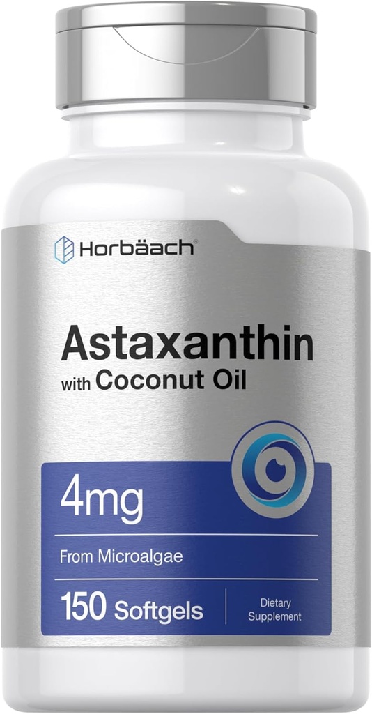 Horbäach Astaxanthin 4 mg 4 mg 12 4; 150 Softgels 12 4; tillæg fra mikroalger 124; med kokosolie 124; non-GMO, gluten, soja fri