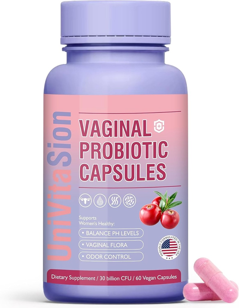 UniVitaSion Vaginal Probiotics for Women pH Balance, Lactobacillus Prebiotic Complex, Cranberry Extract, D-Mannose for Protect Vaginal Health Flora, Vaginal Odor Control - 30 Billion CFU, 60 Capsules