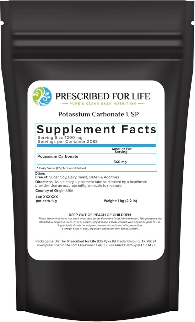 Udskrevet for Life Kalium Carbonat Powder, Natural USP Food Grade Potash for Planter, Sæbe, Kosttilskud, & Mere, Pure Bulk Kalium Powder (1 kg / 2.2lb)