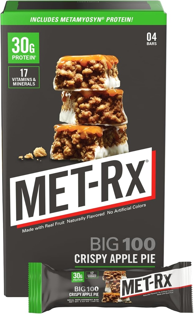 MET- Rx Big 100 Colossal Protein Bars, Crispy Apple Pie Meal Erstatning Bars, 4 Greve