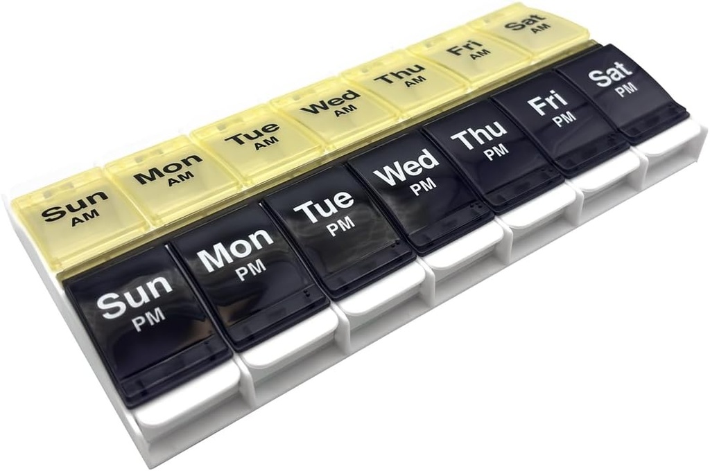 EZY DOSE trykknap (7-dag) Pill Case, Medicine Planner, Vitamin Organizer, 2 gange om dagen, AM / PM Container, X- store kompartmenter, Gigt Friendly, Let at bruge, Clear Lids, Blå / Gul, BPA Gratis