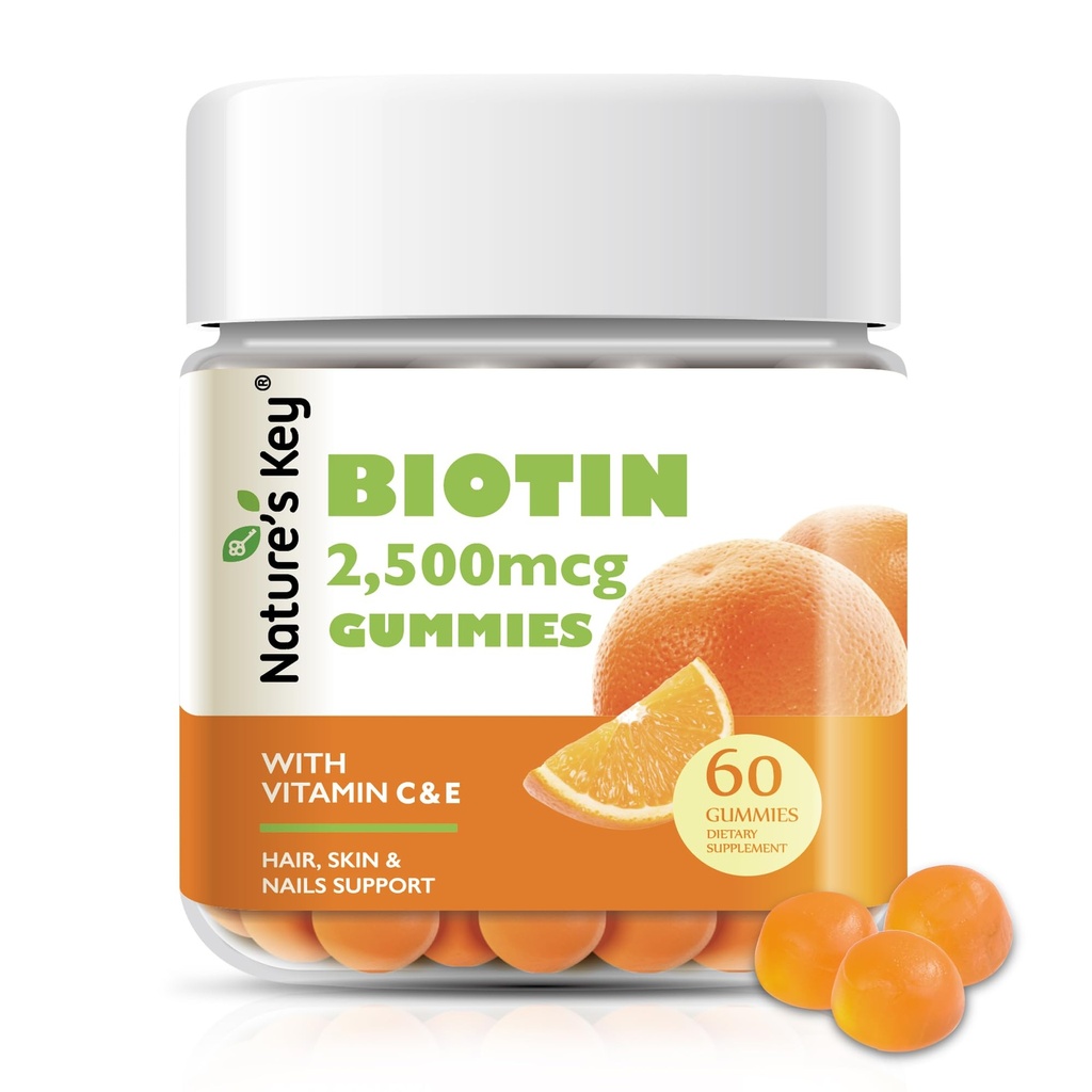 Nature 's Key Biotin Gummies med C-vitamin og E-vitamin, støtte hårnegle vækst & smukke hud til kvinder mænd og børn, Vegan, Orange Flamors 60 Greve