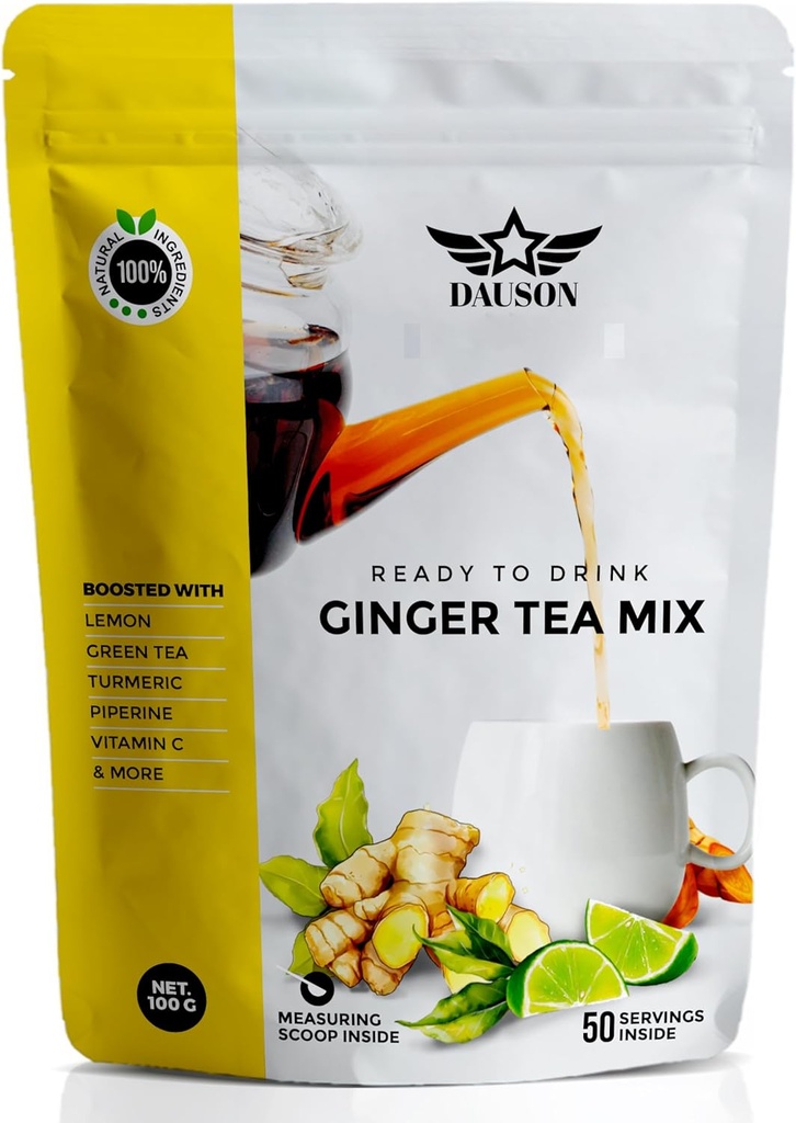 Ginger Lemon Herbal Tea Powder - Forfriskende Blend med lakrids, gurkemeje, Deaf grøn te, C-vitamin - kaffe-fri, Vegan, Gut- venlig Detox te - 50 Servere