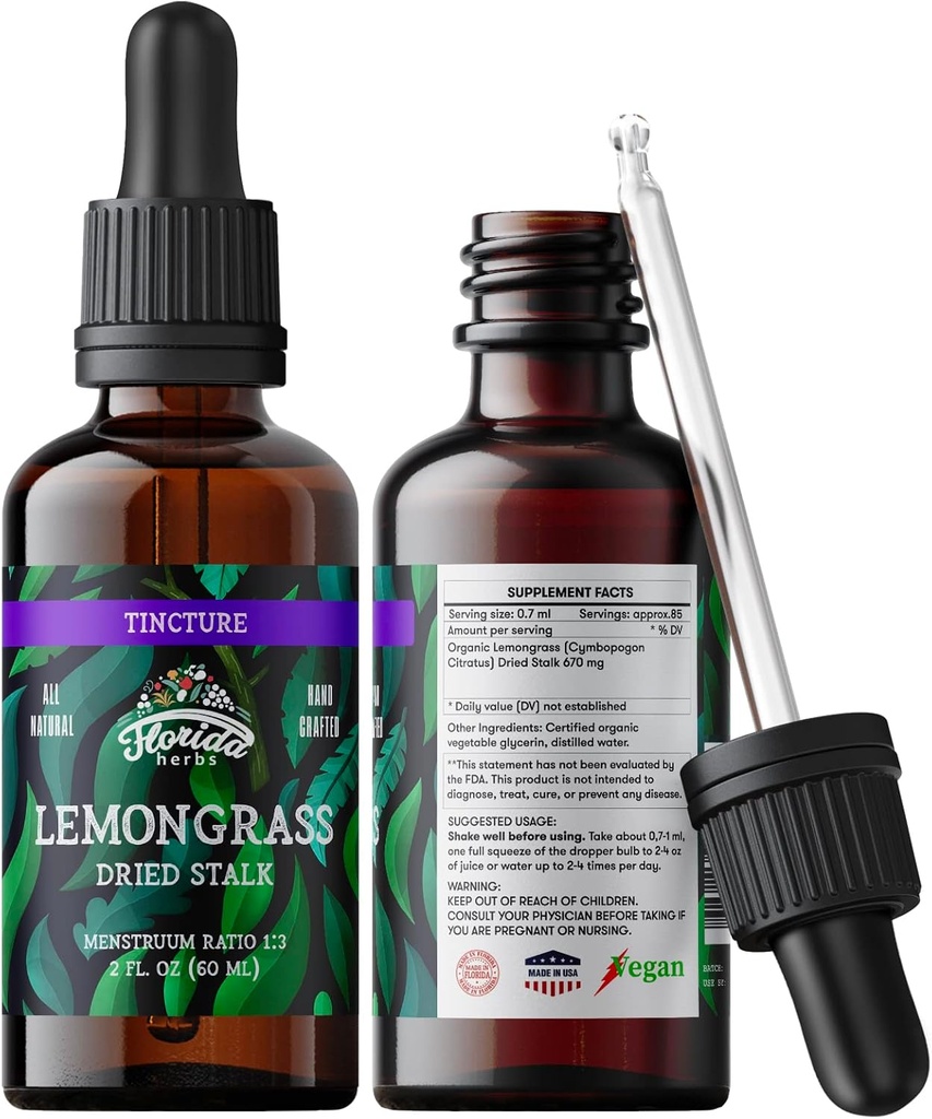 Lemongrass Tincture, Organic Lemongrass Extract (Cymbopogon Citratus) Urtetilskud, Non- GMO i Cold- Pressed Organic Vegetabilsk Glycerin, 700 mg, 2 oz (60 ml)