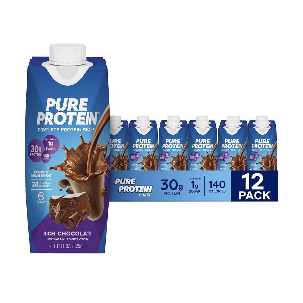 Pure Protein Chocolate Protein Shake, 30g Complete Protein, Klar til at drikke og Keto- Friendly, Vitamin A, C, D, og E plus zink til støtte immunforsvar, 11oz flasker, 12 Pack